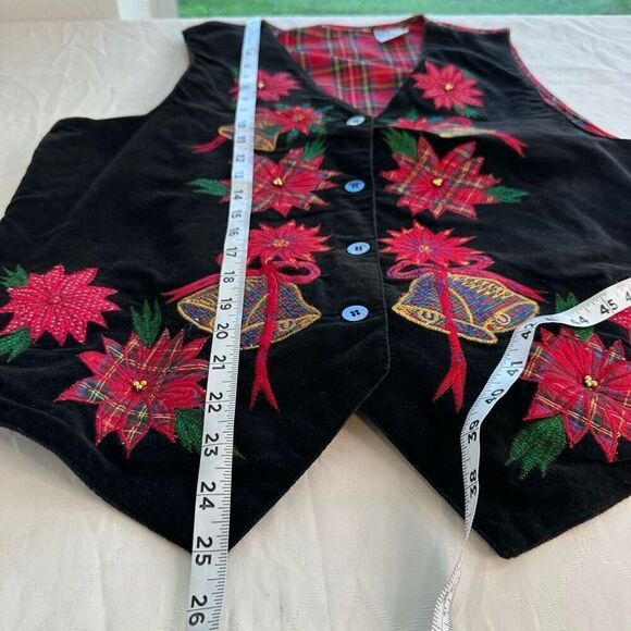 Vintage Black Velvet Poinsettia Floral Embroidered Vest Christmas Holiday Womens - Picture 8 of 8